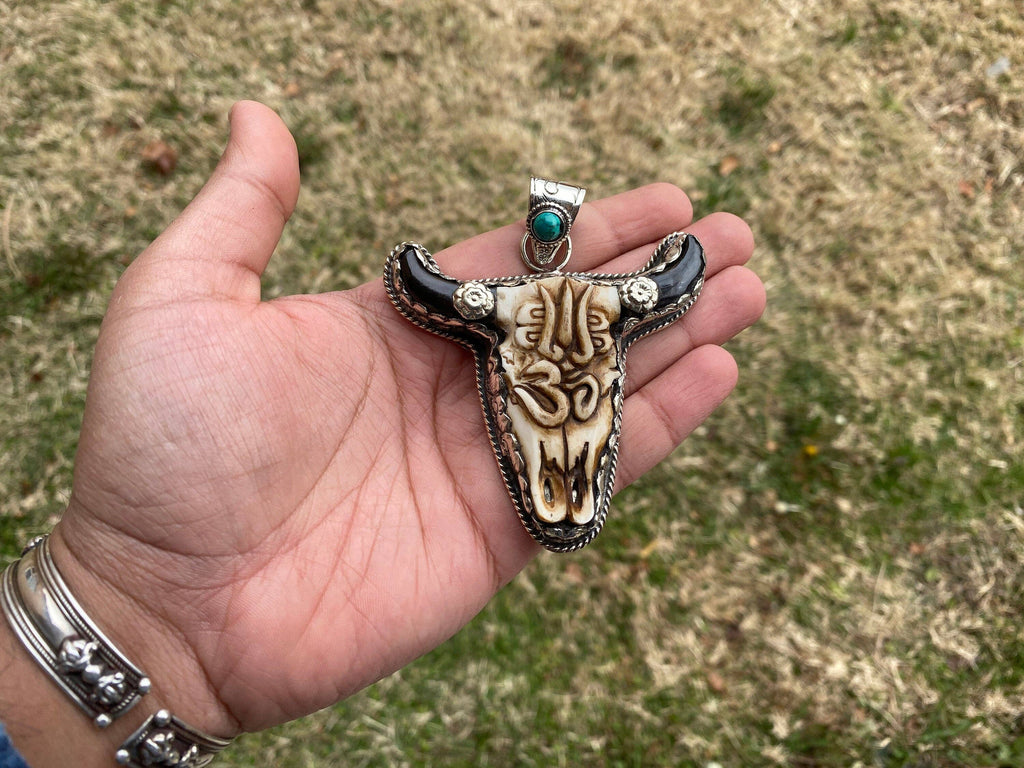 Large Bull Head-Tibetan Silver, Red Coral, Buffalo Bone, Pendant