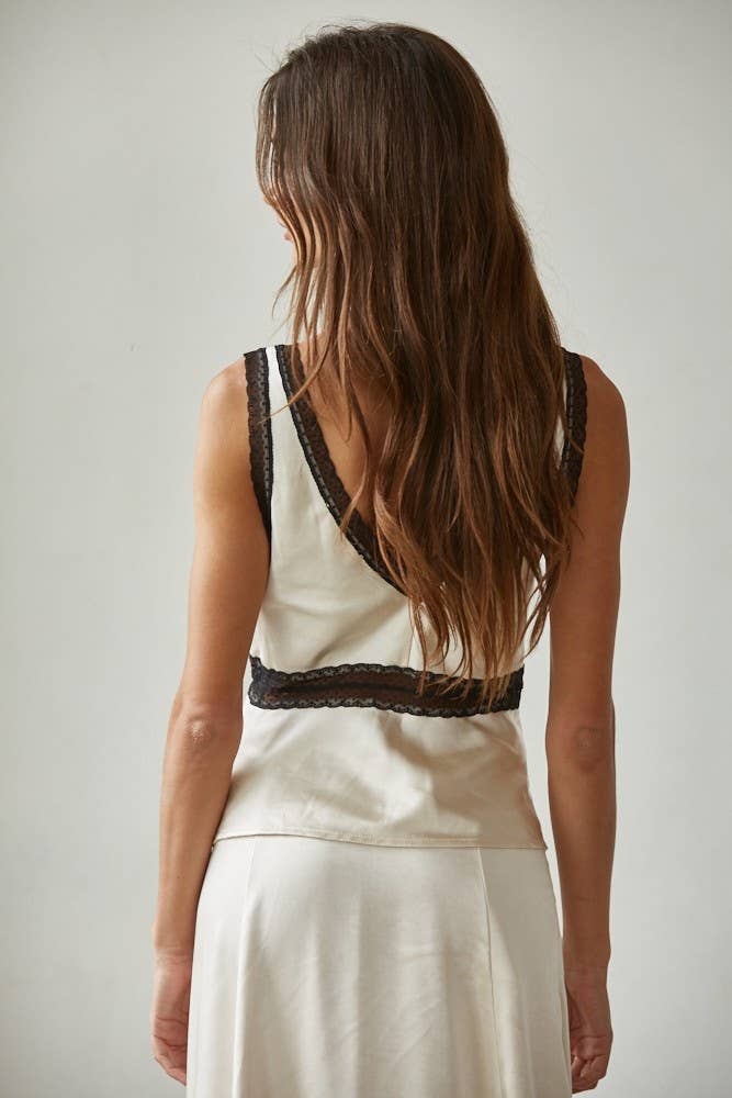 Satin Contrast Lace Trim Detail Sleeveless Top