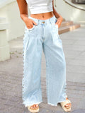 Studded Side Detail Split Leg Frayed Pocketed Wide Leg Jeans