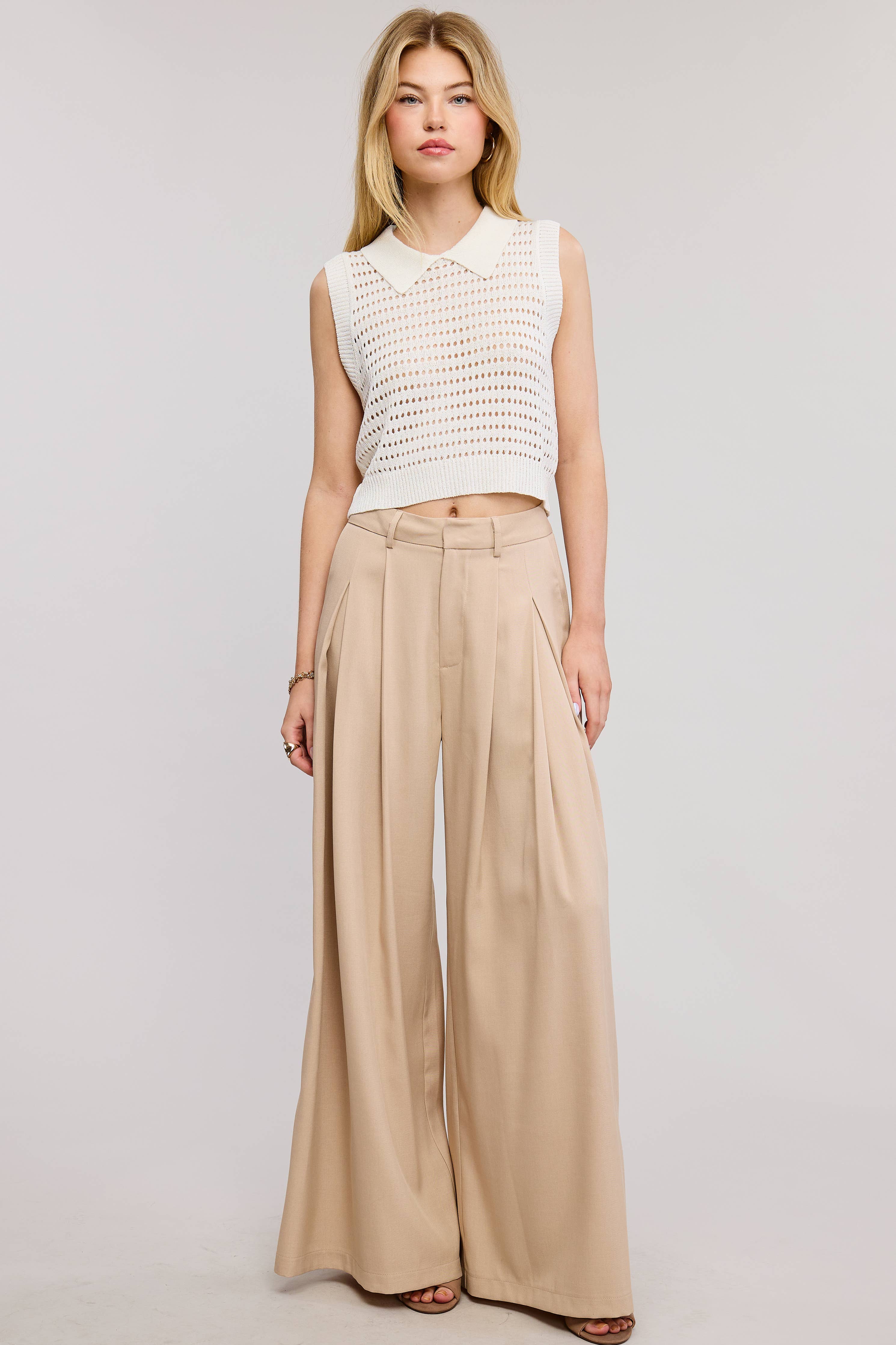 Trendy Low Waist  Wide Leg Pleated Trouser Pants
