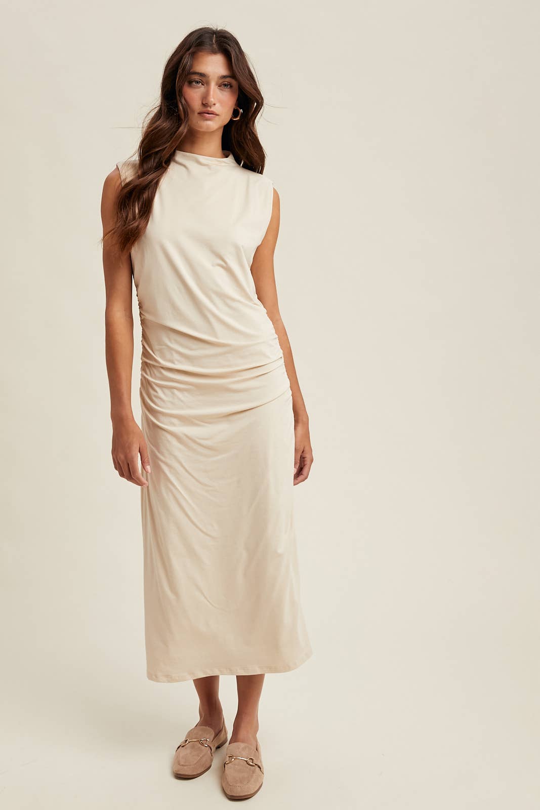 DRAPED MOCK NECK MIDI KNIT DRESS