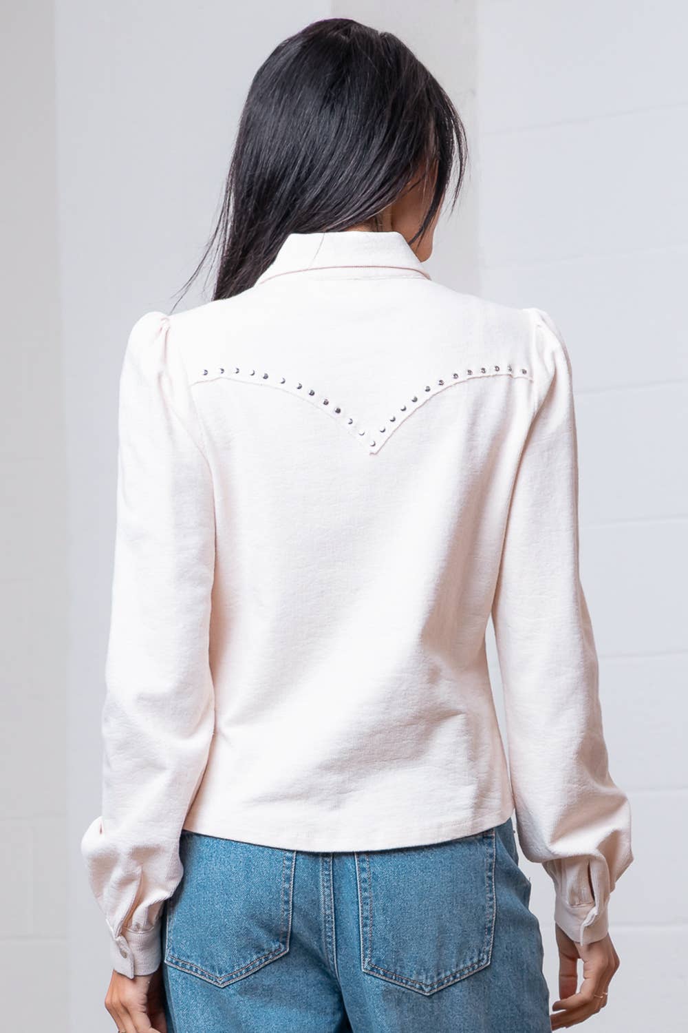 LONG SLV DESIGNED YOKE WITH STUD DETAIL BLOUSE