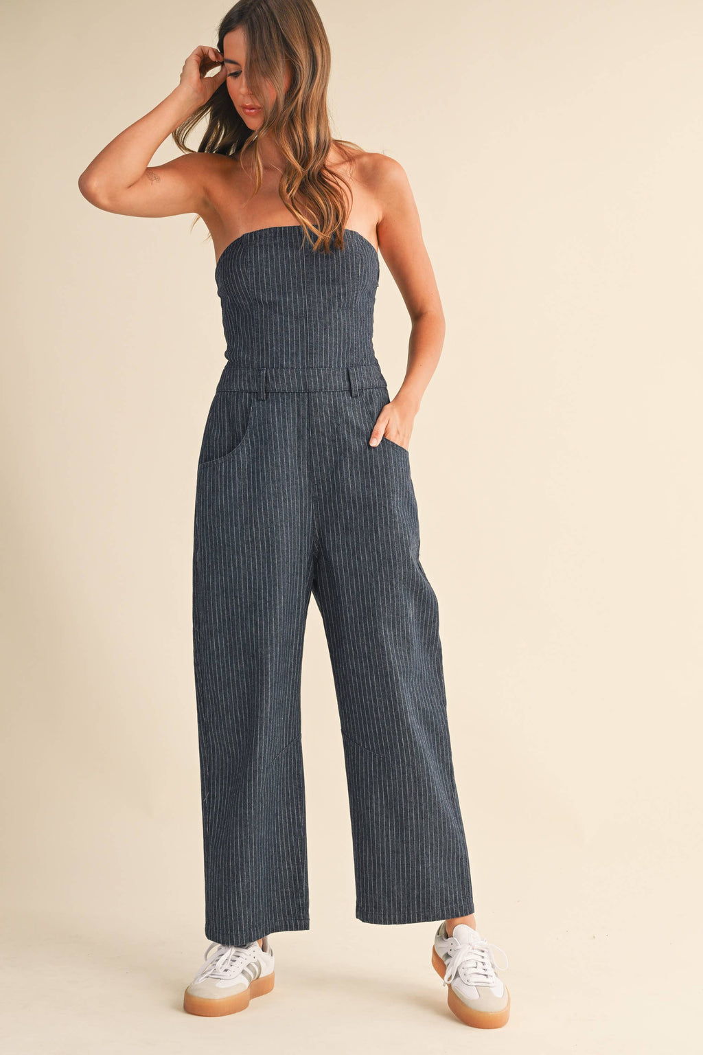 Pinstriped Strapless Barrel Pants Jumpsuit