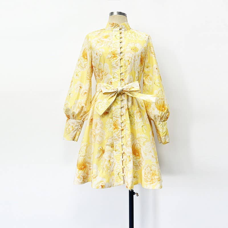 Lantern Sleeve Belted Dress