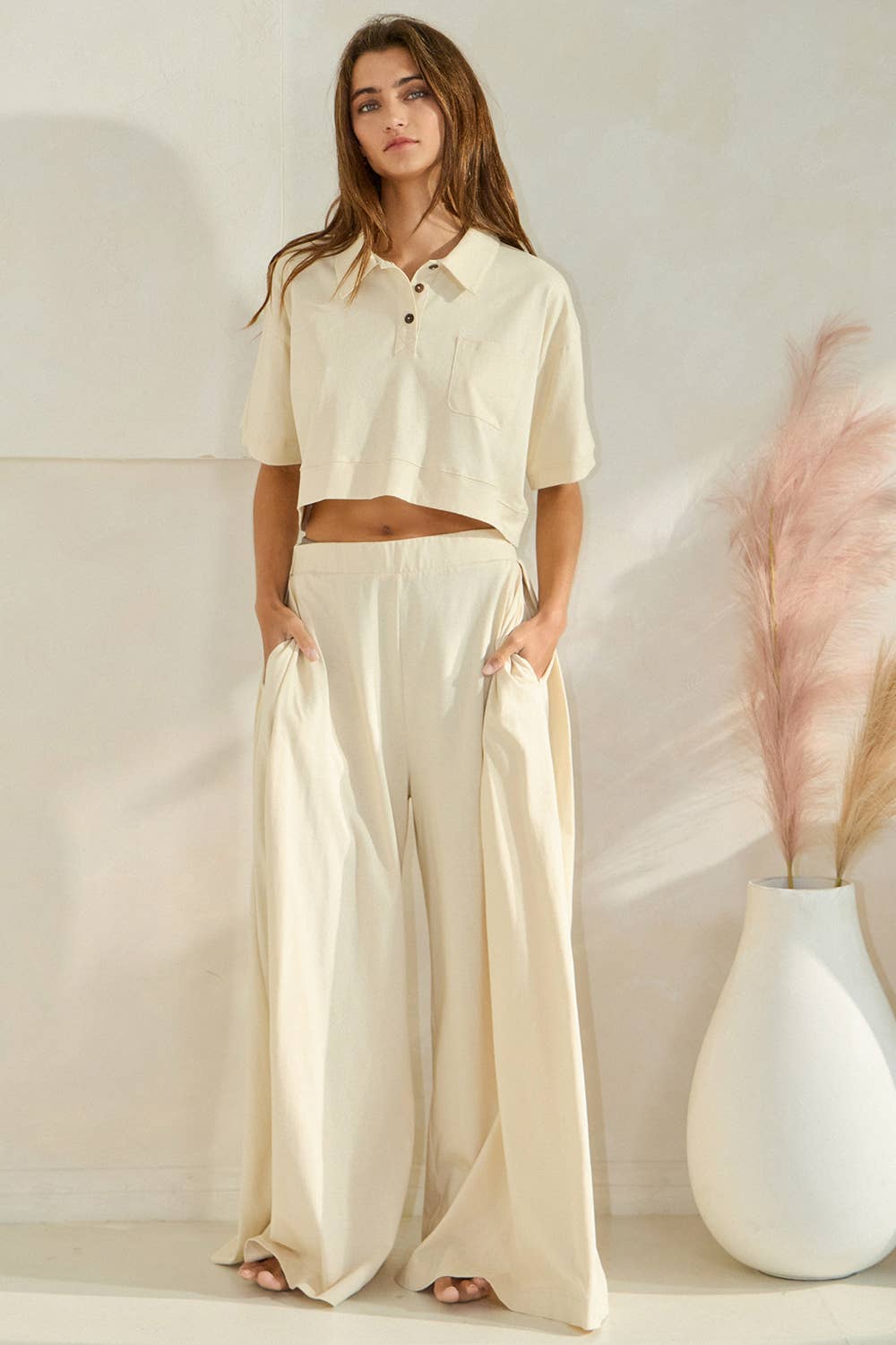 Collared Top and Pleated Wide Leg Pants