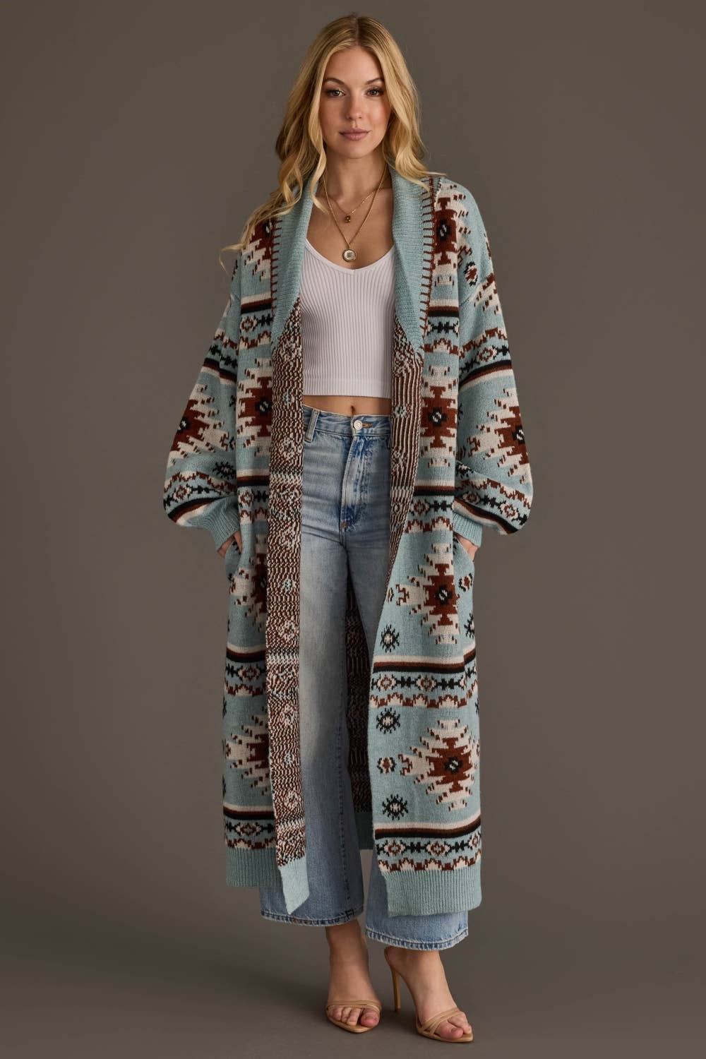 Lt. Blue, Rust, White & Black Western Cardigan