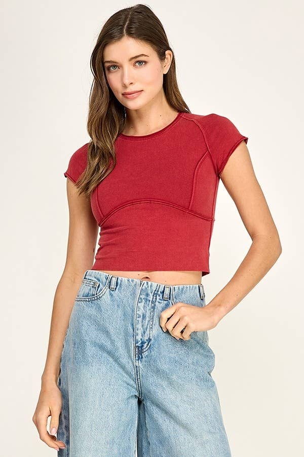 WASHED STRETCH CURVED SEAM CROPPED TOP
