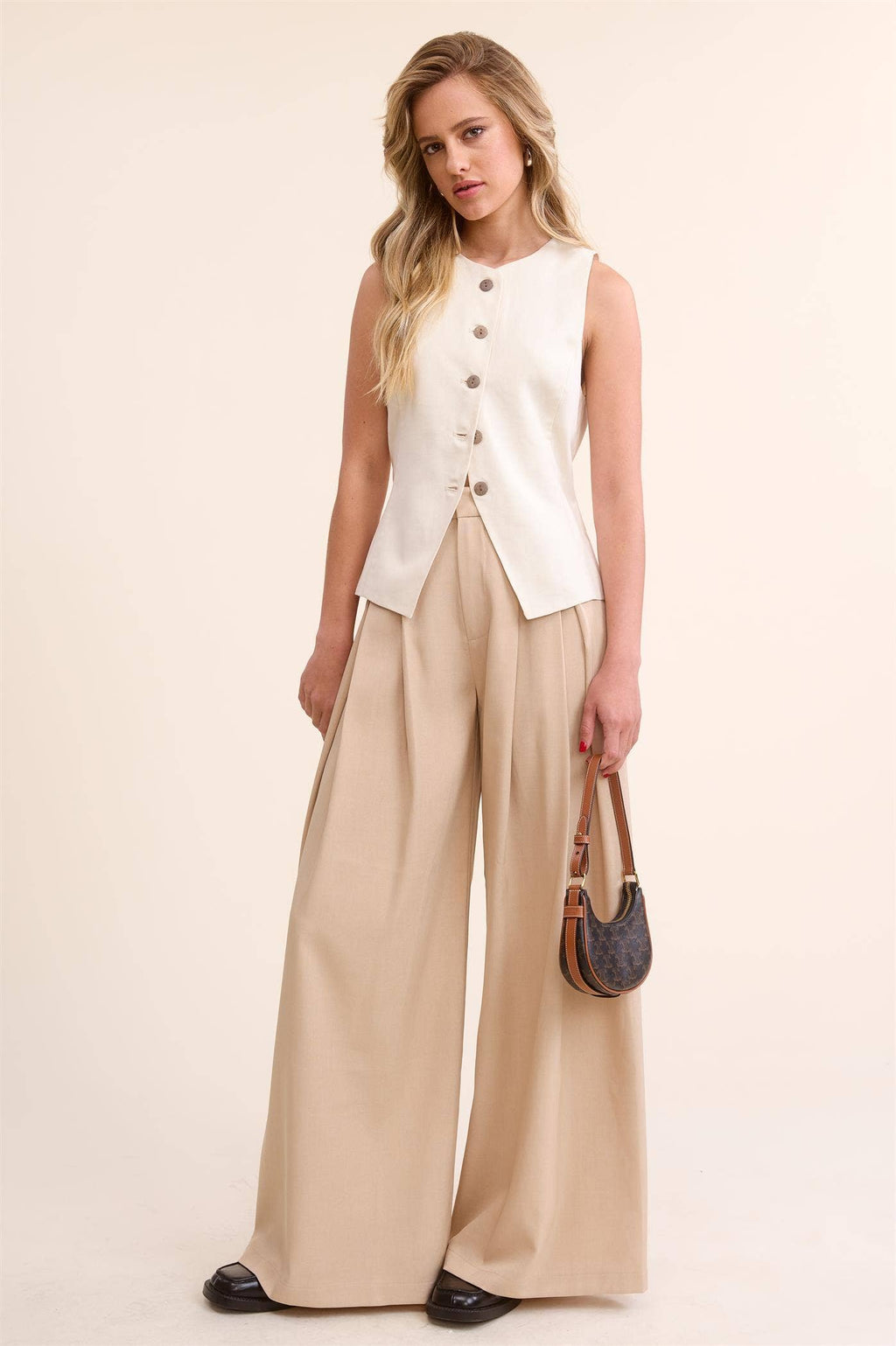 Trendy Low Waist  Wide Leg Pleated Trouser Pants