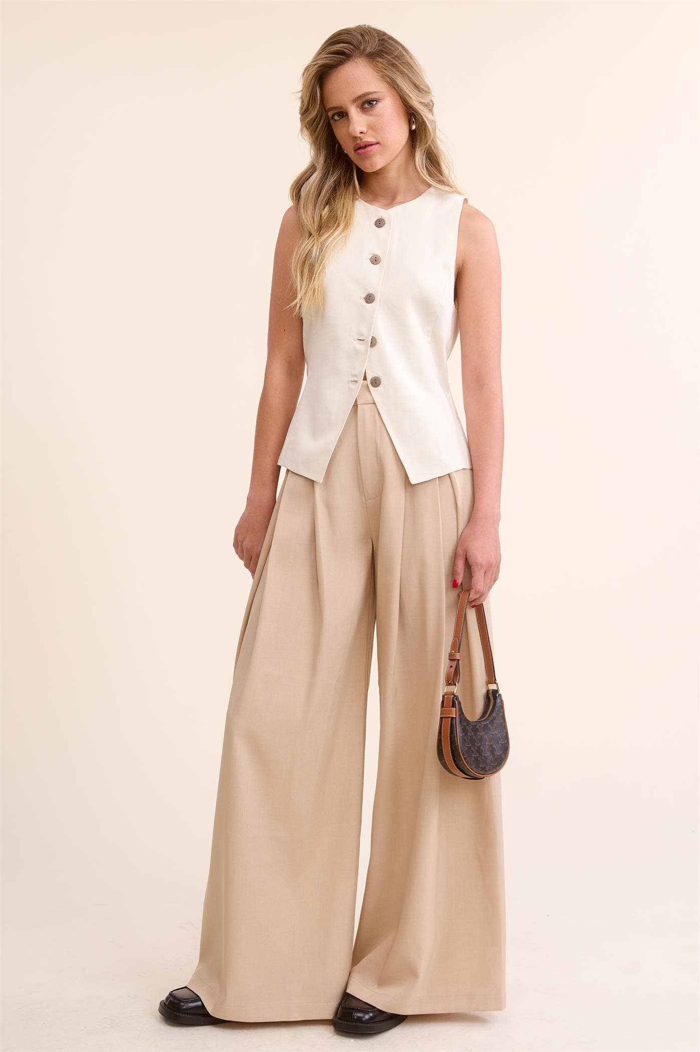 Trendy Low Waist  Wide Leg Pleated Trouser Pants