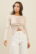 Button Pleated Split Knit Top