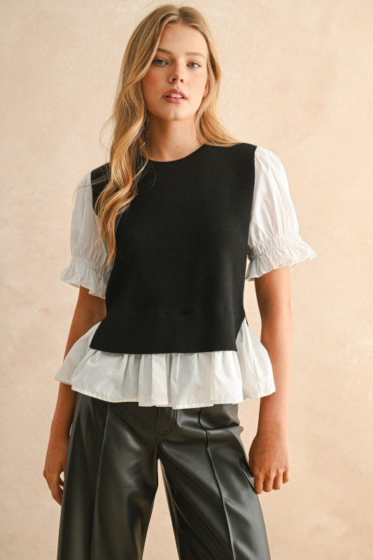 Sweater Combo Short Sleeve Blouse