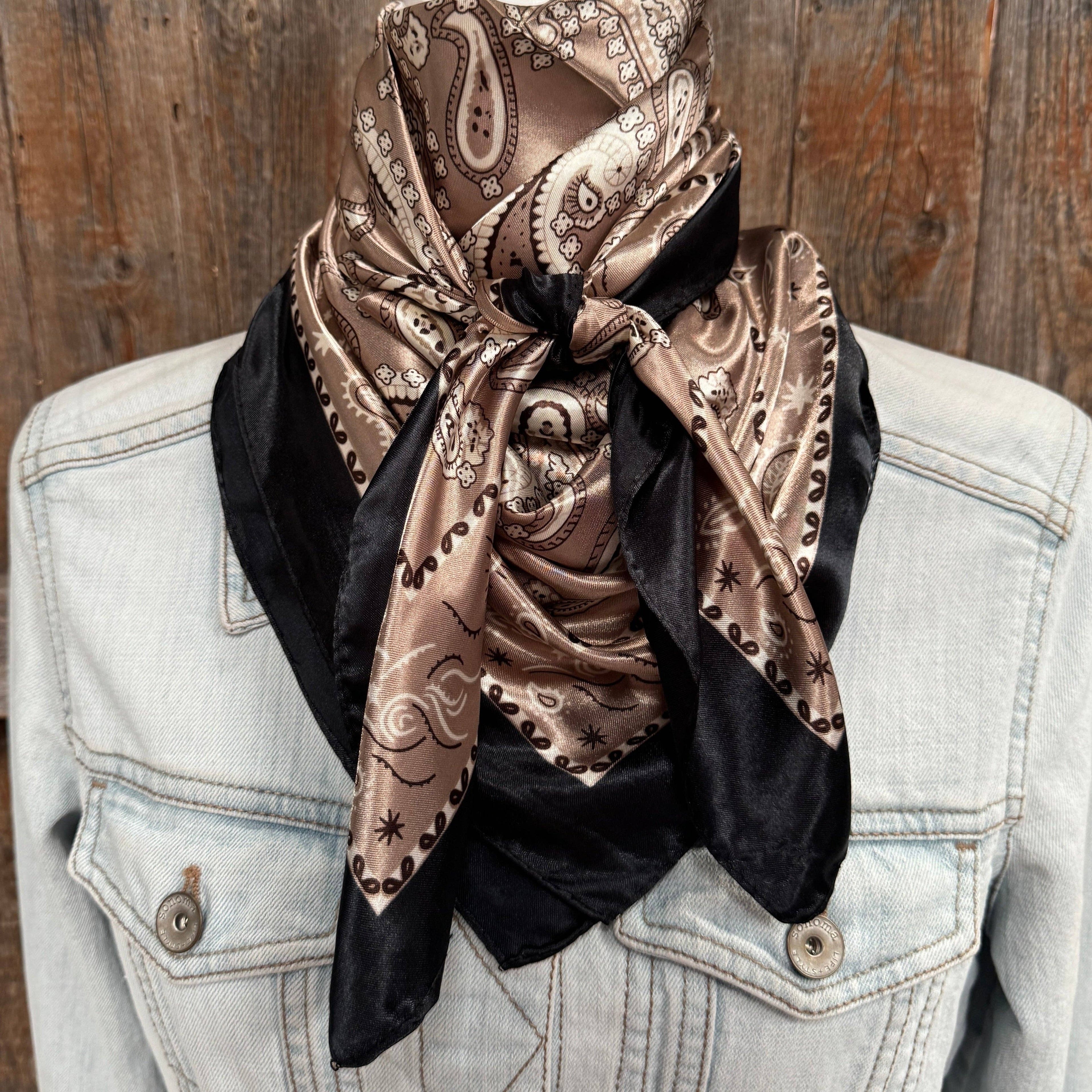 35X35"  Black and Tan Floral Paisley Wild Rag
