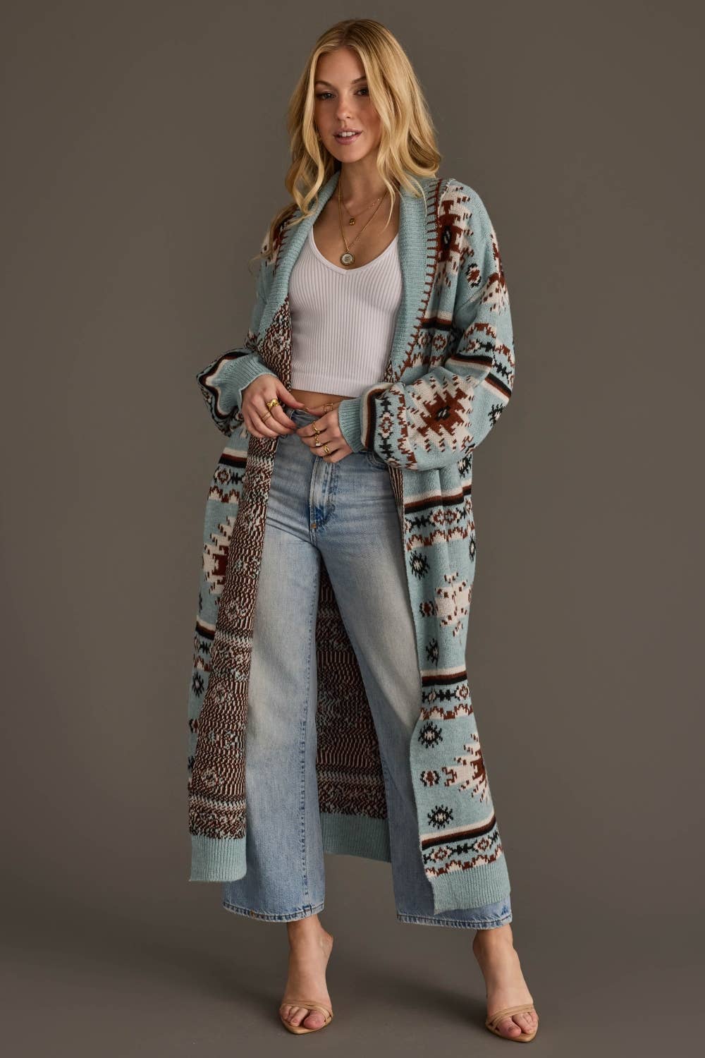 Lt. Blue, Rust, White & Black Western Cardigan