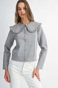 Ruffle Trim Collar Button Down Knit Jacket
