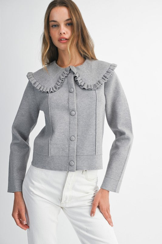 Ruffle Trim Collar Button Down Knit Jacket