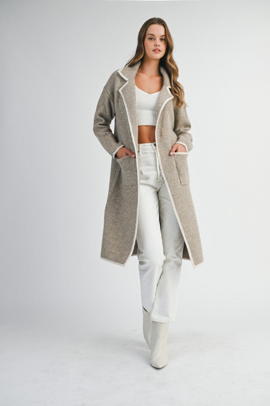 Knit Lapel Collar Cardigan with Contrast Trim