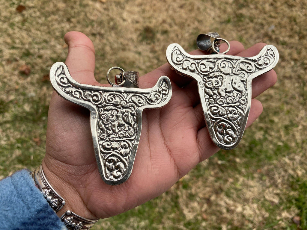 Large Bull Head-Tibetan Silver, Red Coral, Buffalo Bone, Pendant