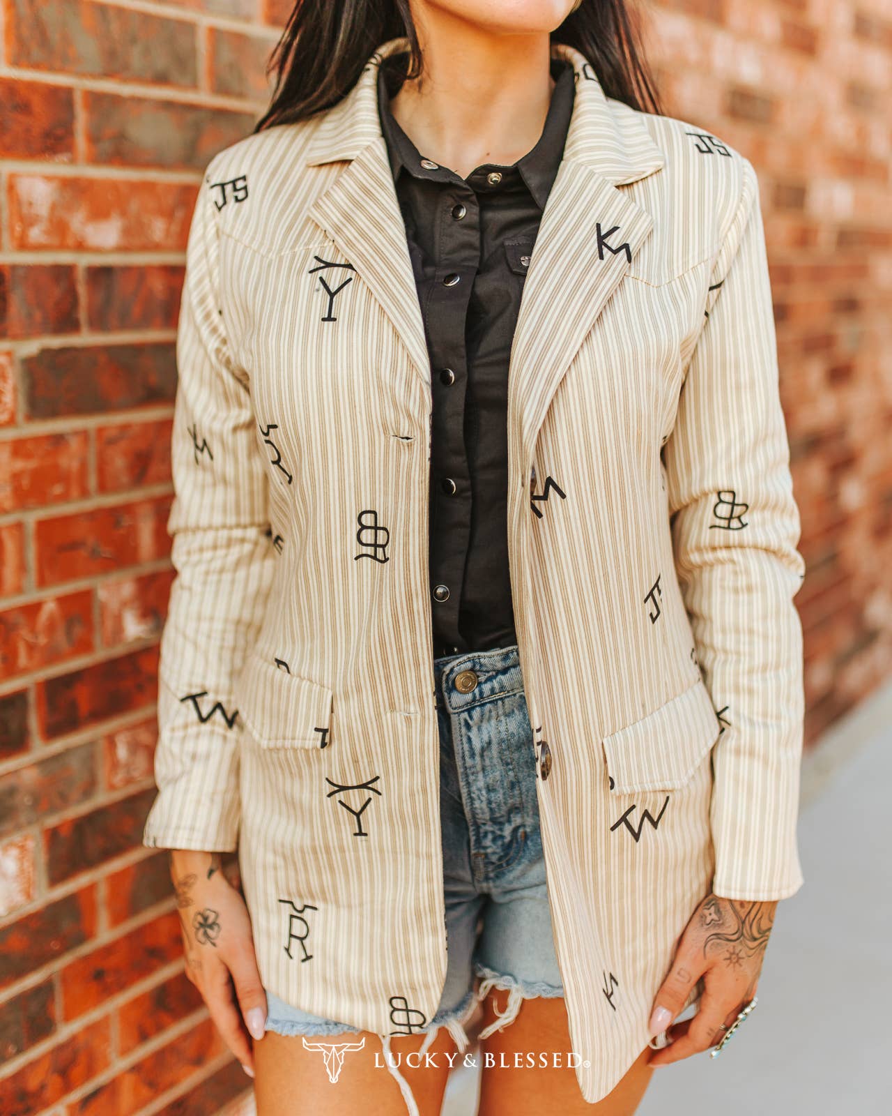 Plus size Beige Pin Stripe Cattle Camel Yoke Button Down Blazer