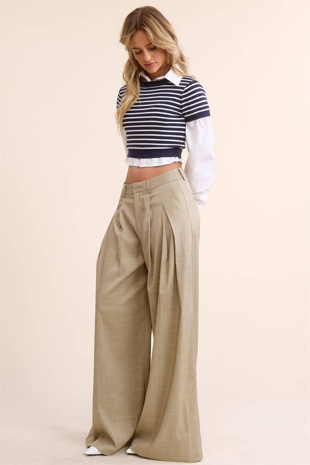 Trendy Low Waist  Wide Leg Pleated Trouser Pants