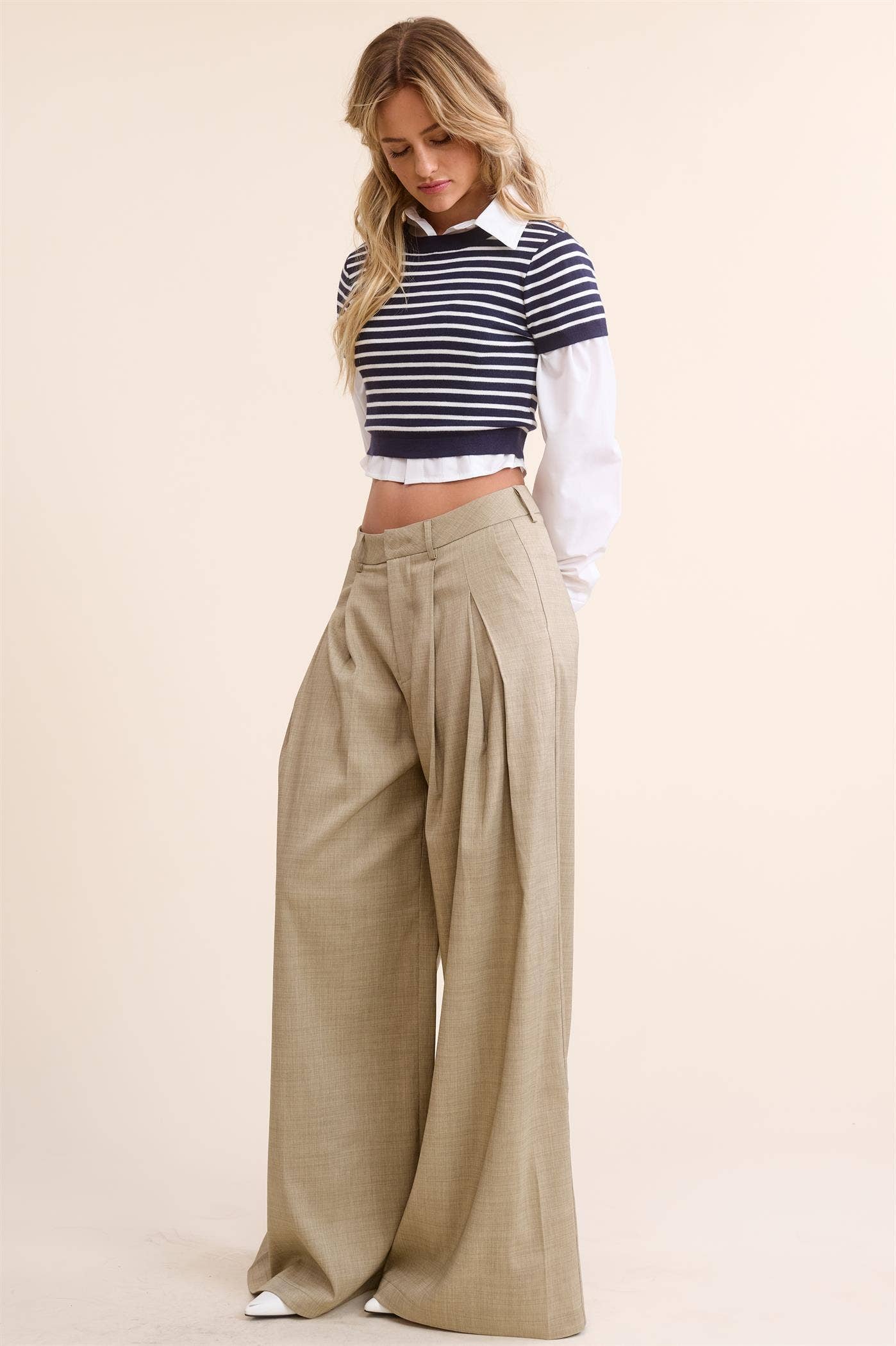Trendy Low Waist  Wide Leg Pleated Trouser Pants