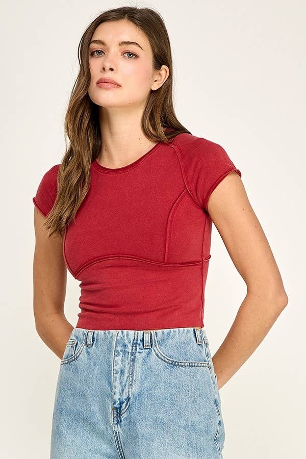 WASHED STRETCH CURVED SEAM CROPPED TOP