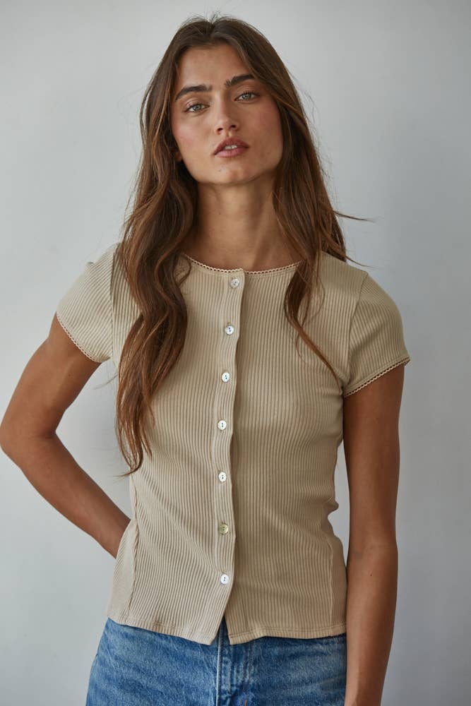 Knit Ribbed Button-down Short Sleeve Cardigan