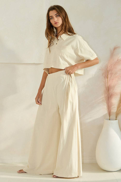 Collared Top and Pleated Wide Leg Pants
