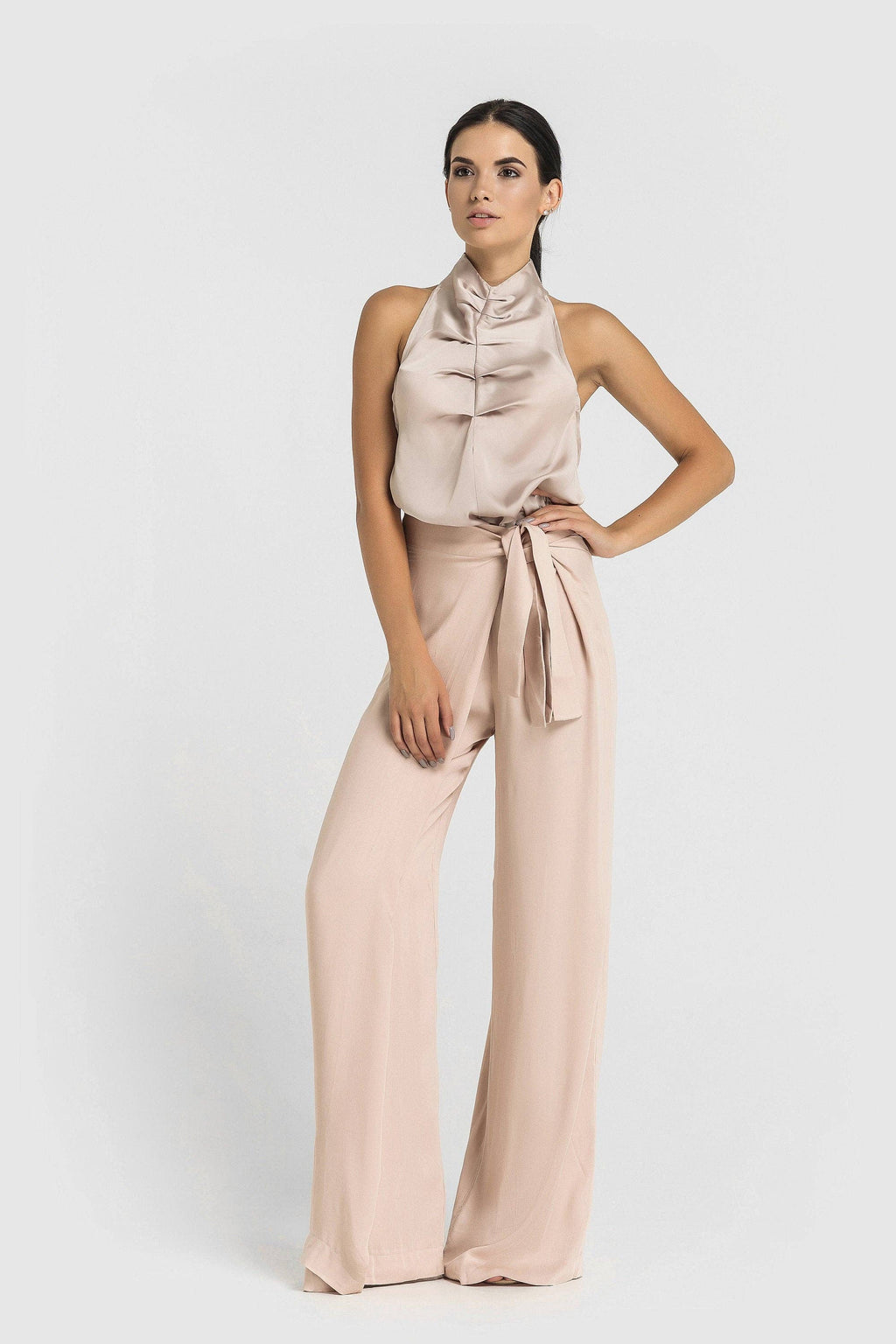 Halter high neck draped satin top