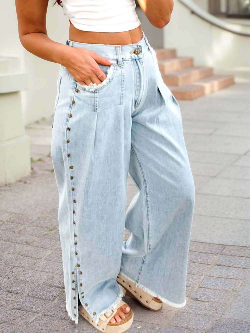 Studded Side Detail Split Leg Frayed Pocketed Wide Leg Jeans
