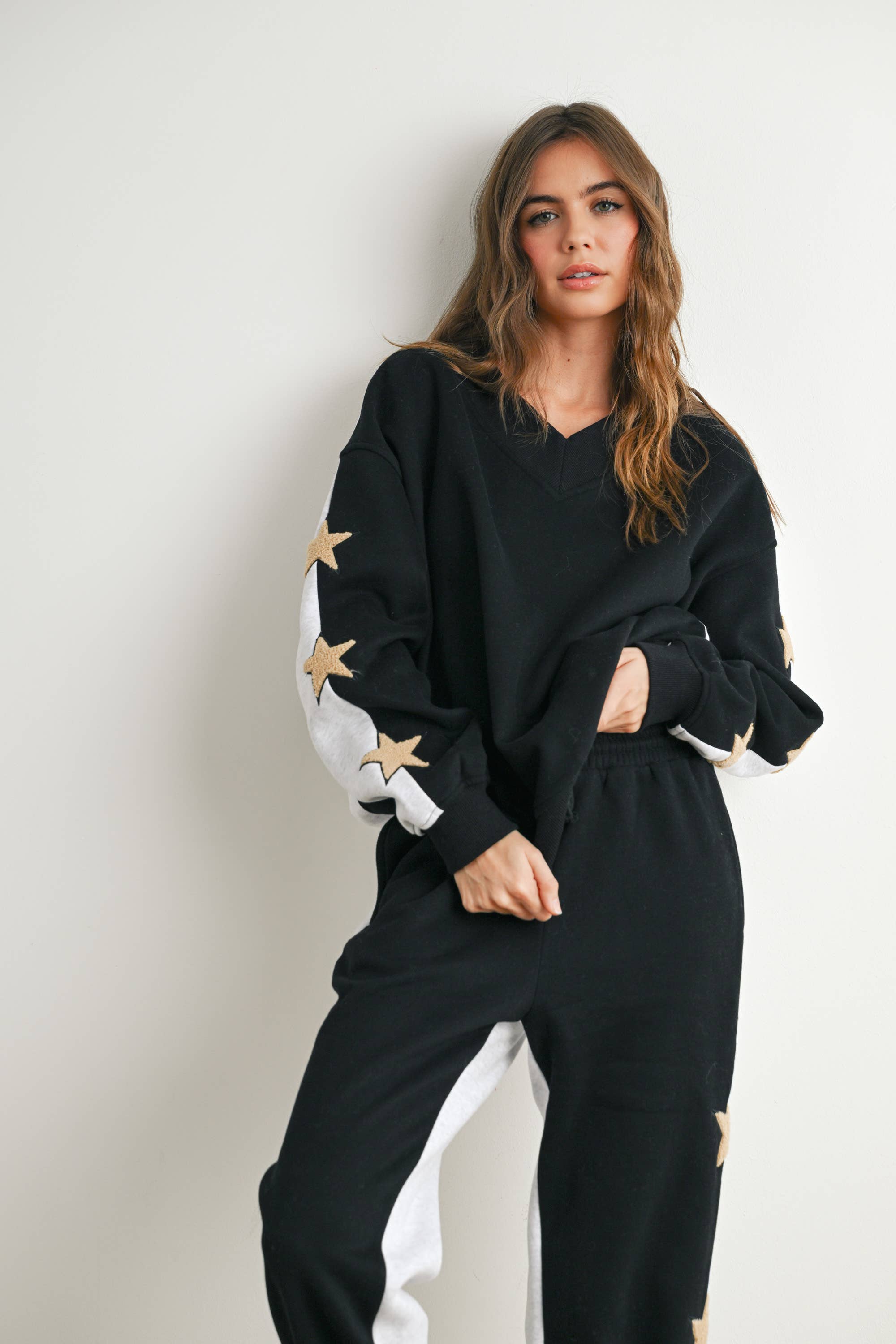 Long Sleeve Round Neck Sweatshirt with Star Detail