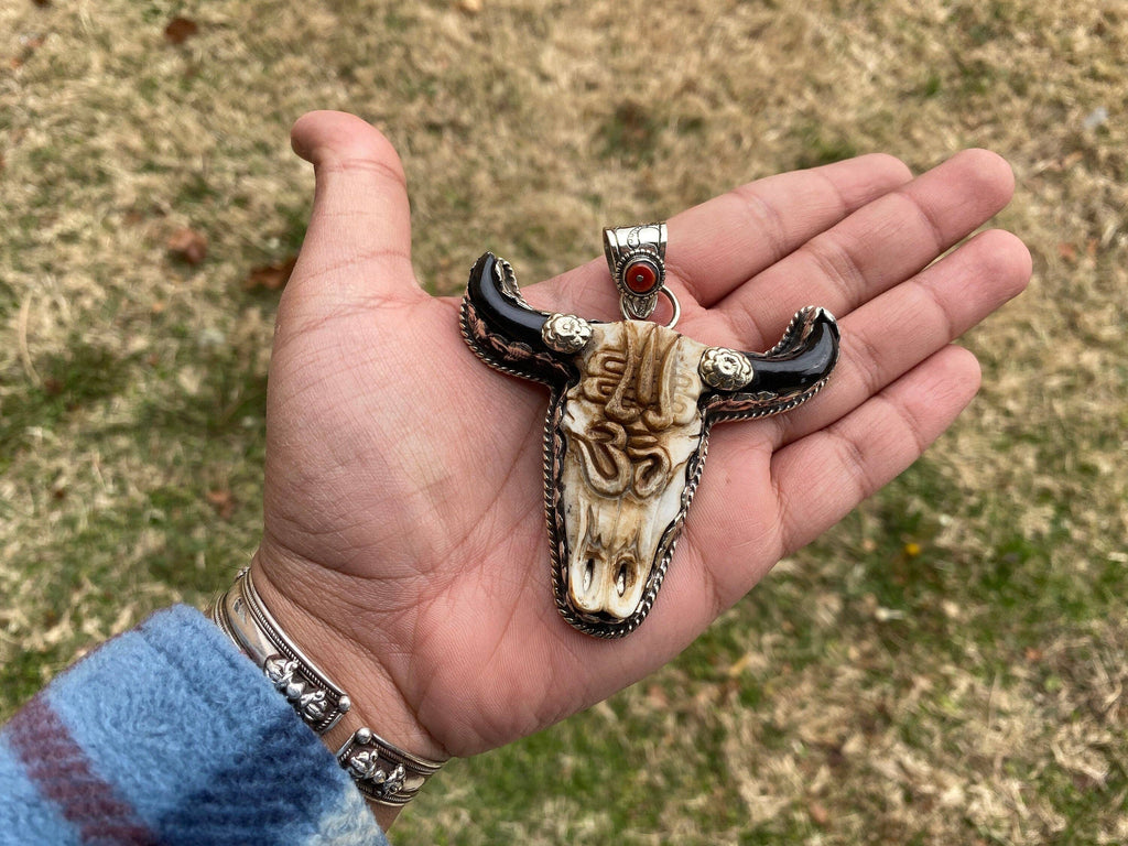 Large Bull Head-Tibetan Silver, Red Coral, Buffalo Bone, Pendant
