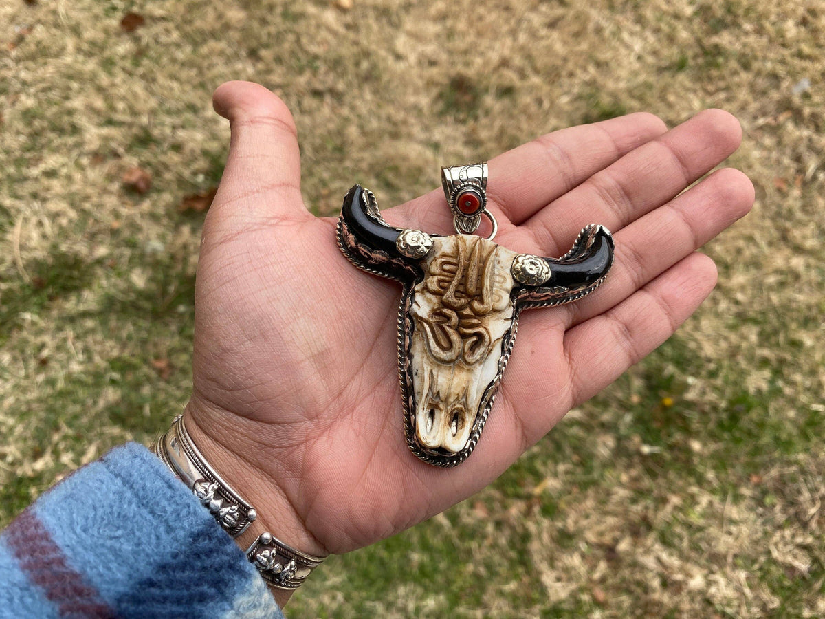 Large Bull Head-Tibetan Silver, Red Coral, Buffalo Bone, Pendant