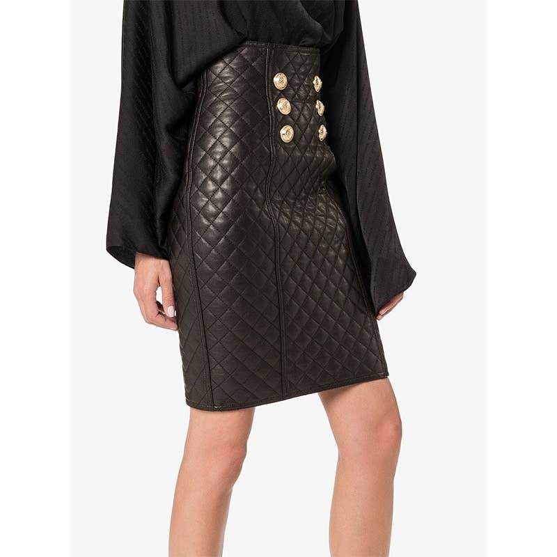 Handmade Quilted Sheepskin High Waist Leather Skirt