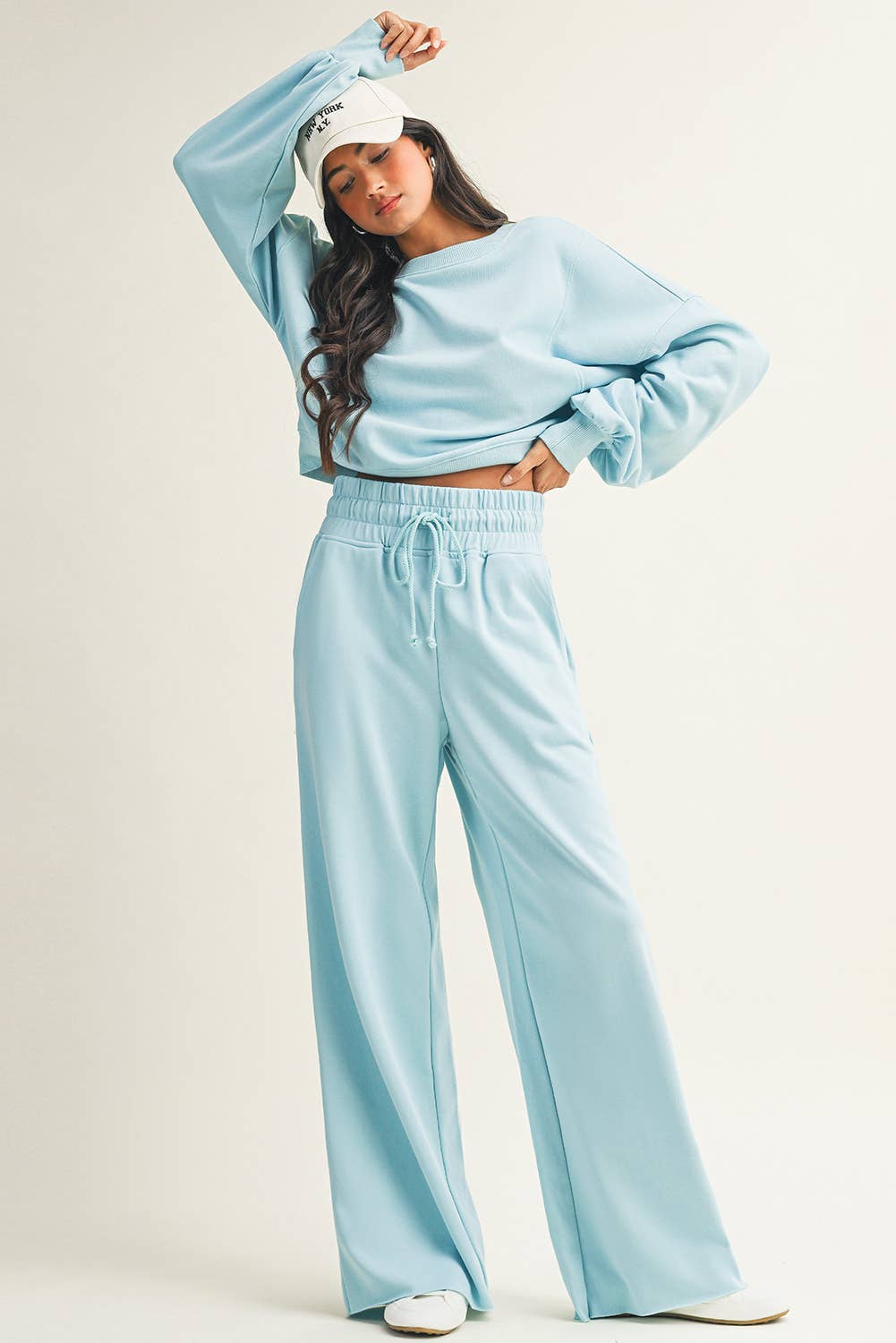 Drop Shoulder Pullover Drawstring Wide Leg Pants Set