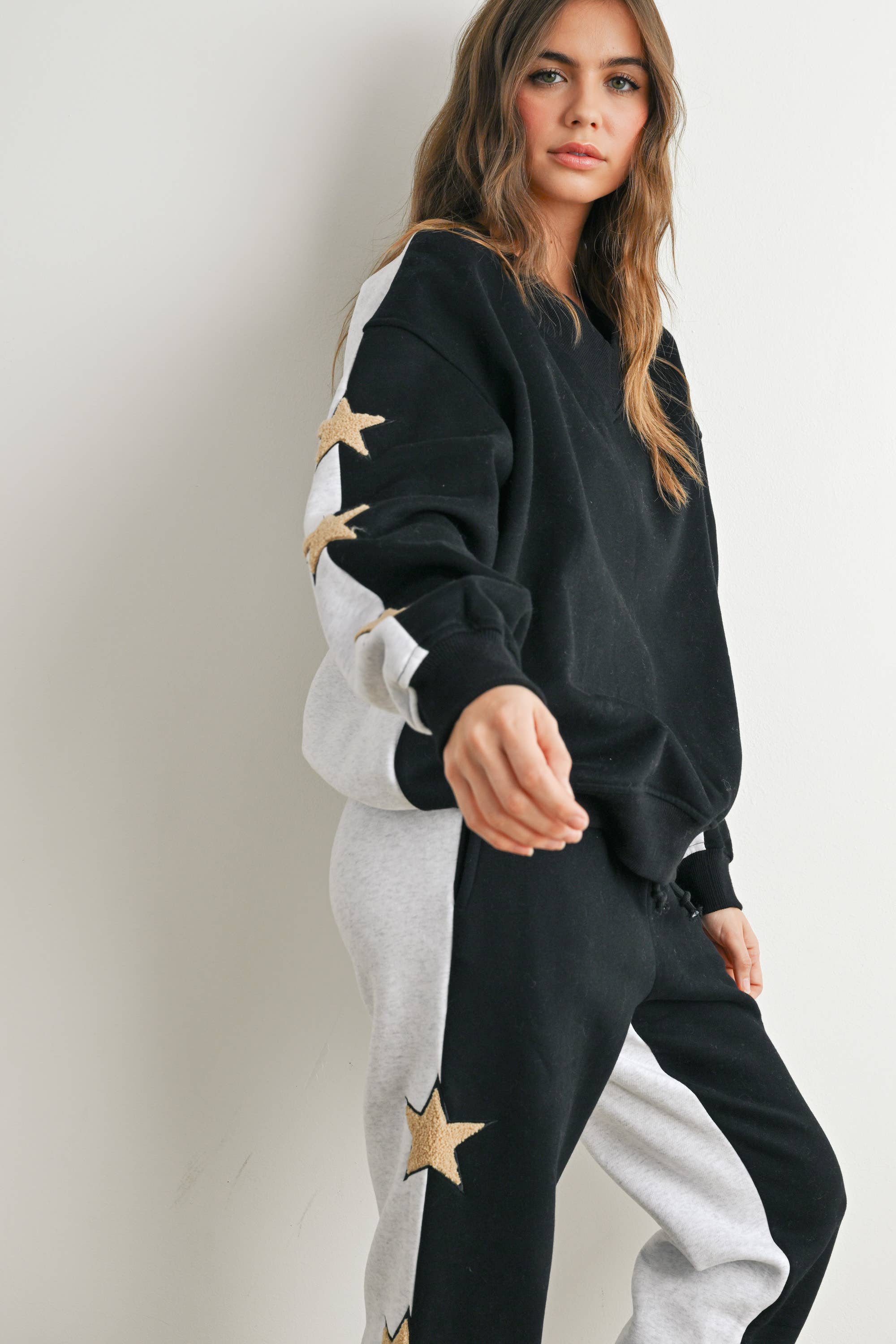 Long Sleeve Round Neck Sweatshirt with Star Detail