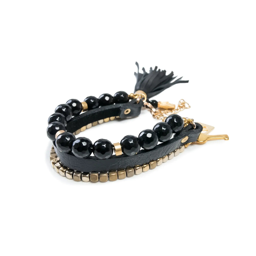 Glam Noir Leather & Gold Beaded Bracelet