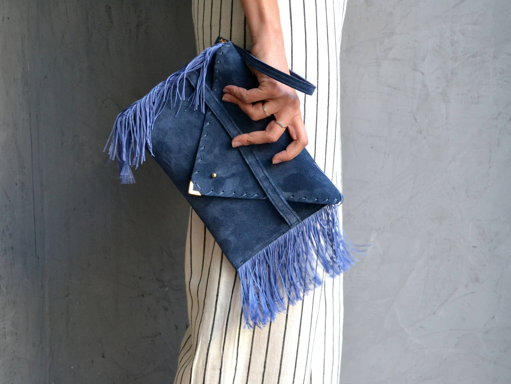 Leather clutch in raf blue with silk fringes