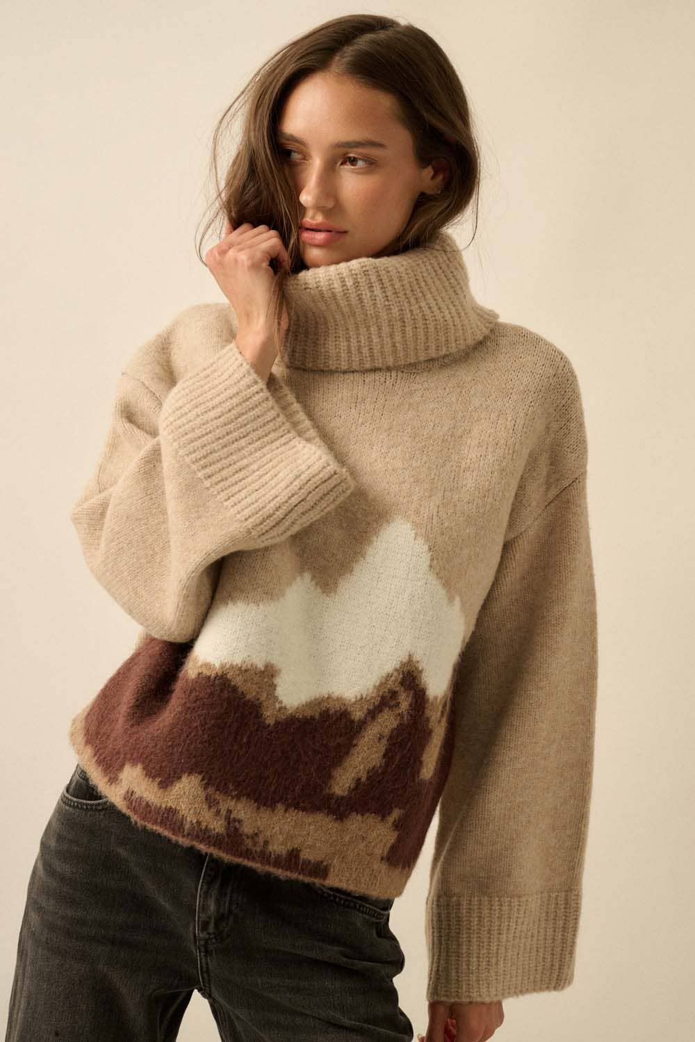 Mountains Fuzzy Jacquard-Knit Turtleneck Sweater
