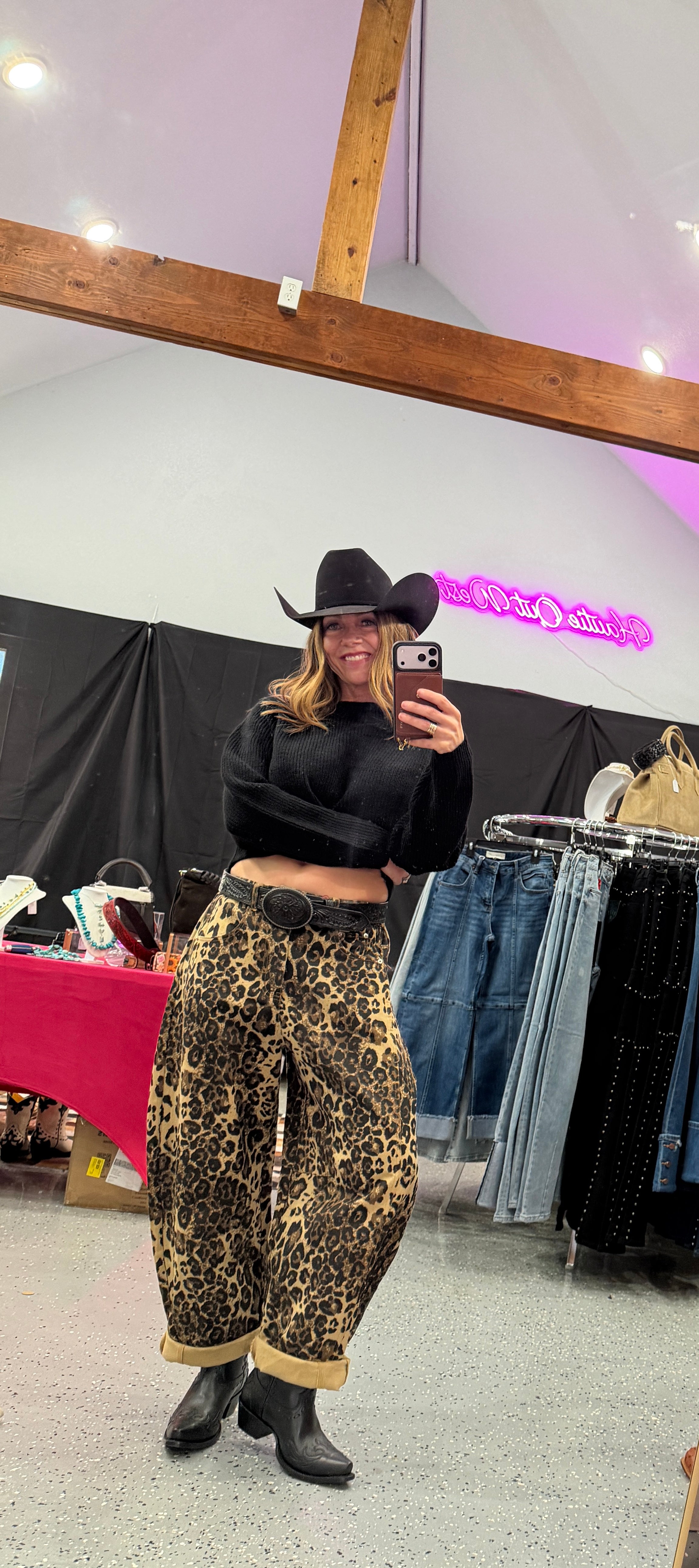 Washed Leopard Printed Barrel Jean