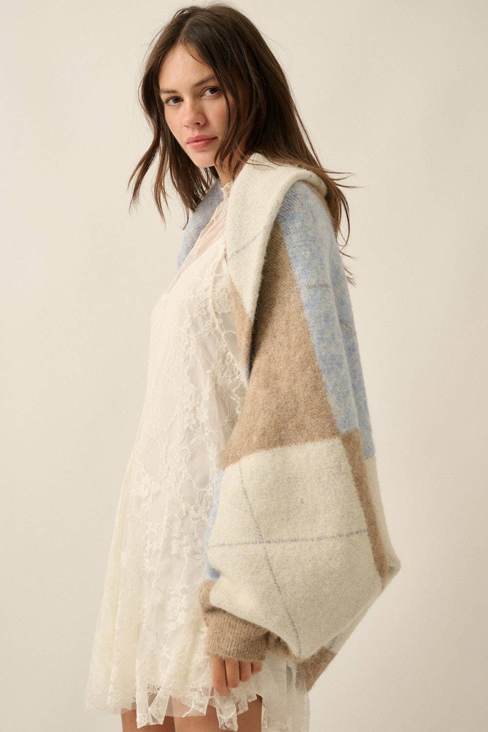 Argyle Jacquard-Knit Shrug Cardigan