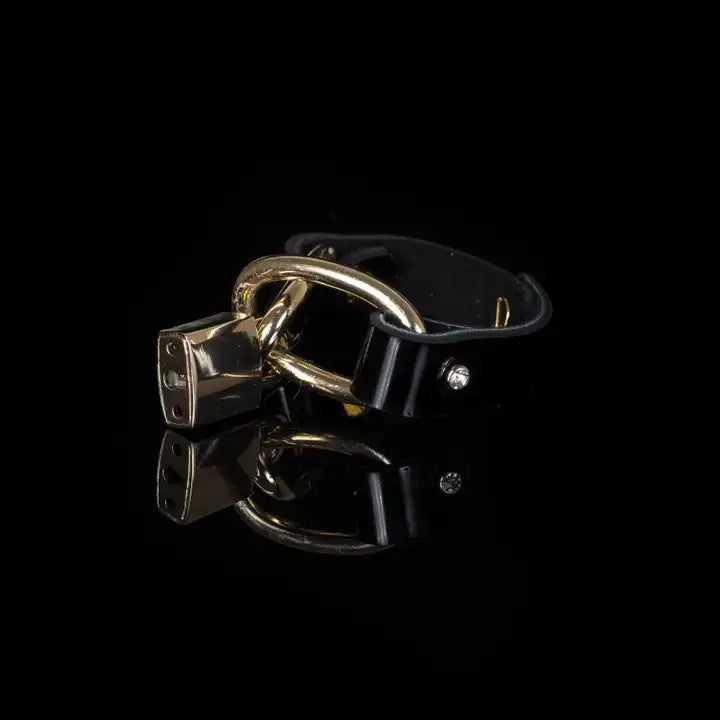 Black Leather Bracelet with Gold Lock & Chain Accent