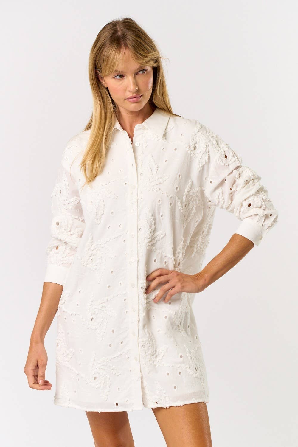 Floral Eyelet Button Down Shirt Dress