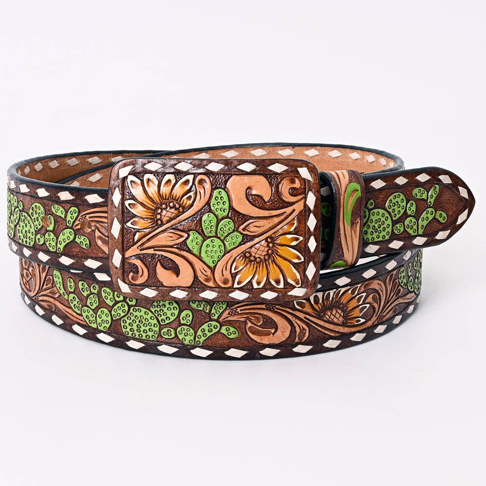 Handtooled Leather Belt - Cactus Green Accents