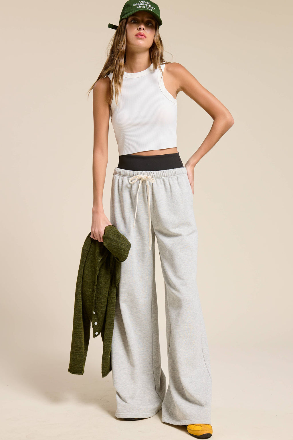 Wide Leg Drawstring Sweatpants with Contrast Waistband