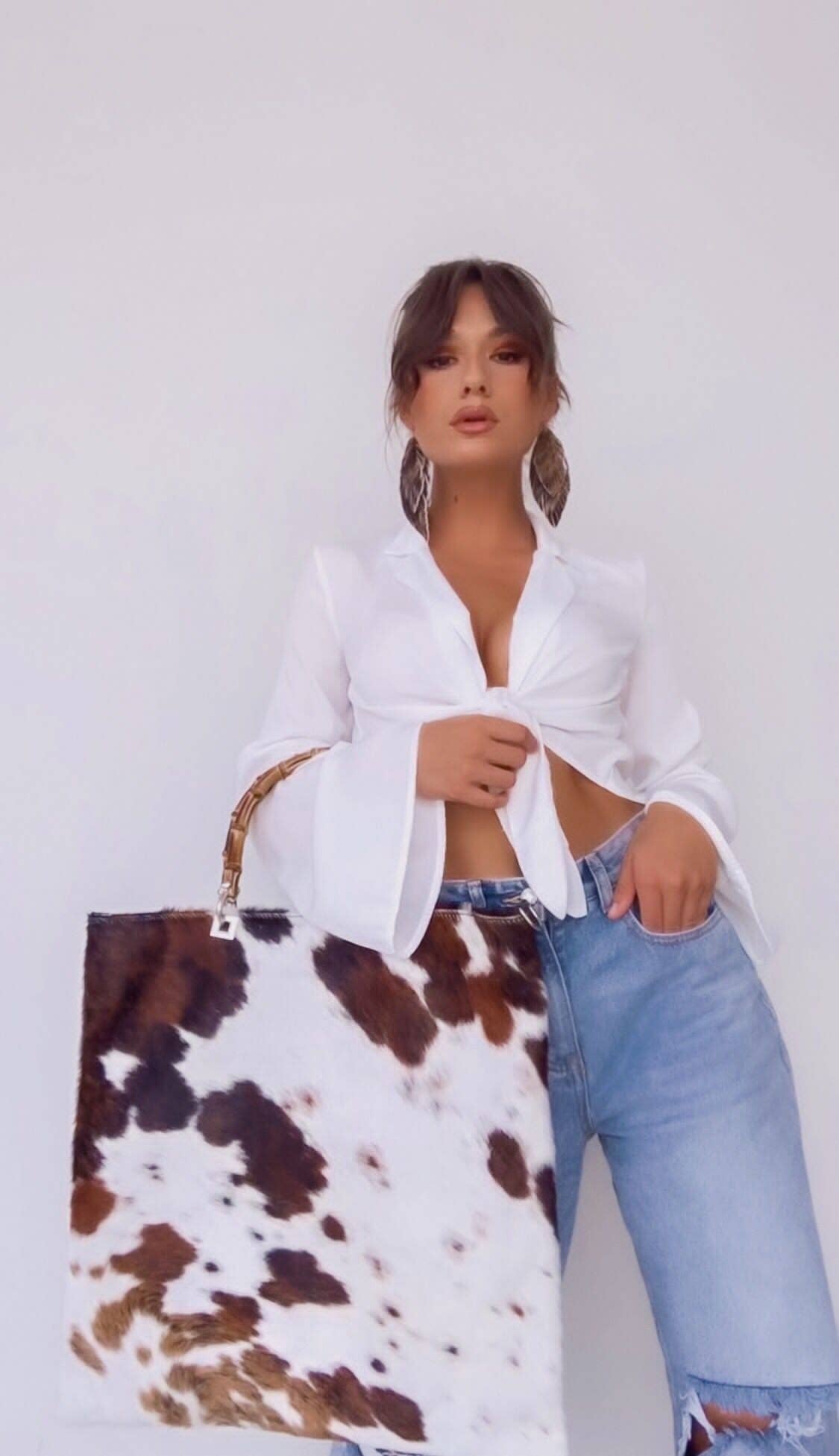 Cowhide Wooden Handle Tote & Over the Shoulder Bag