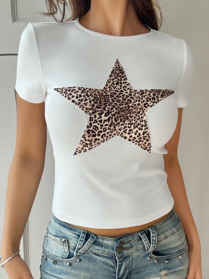 Leopard Star Crewneck Fitted Tee