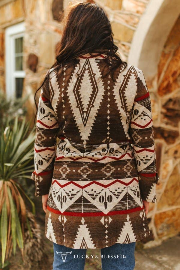 Brown Cream Aztec Printed Button Down Coat