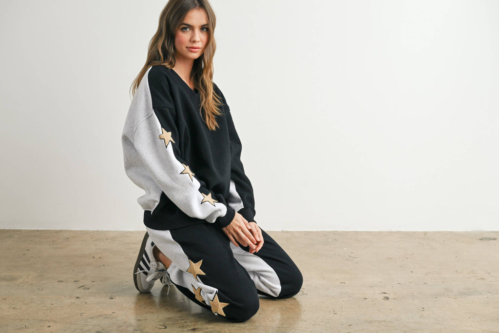 Long Sleeve Round Neck Sweatshirt with Star Detail