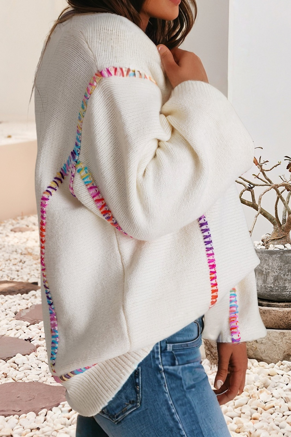 Color Block Stitching Bishop Sleeve Sweater