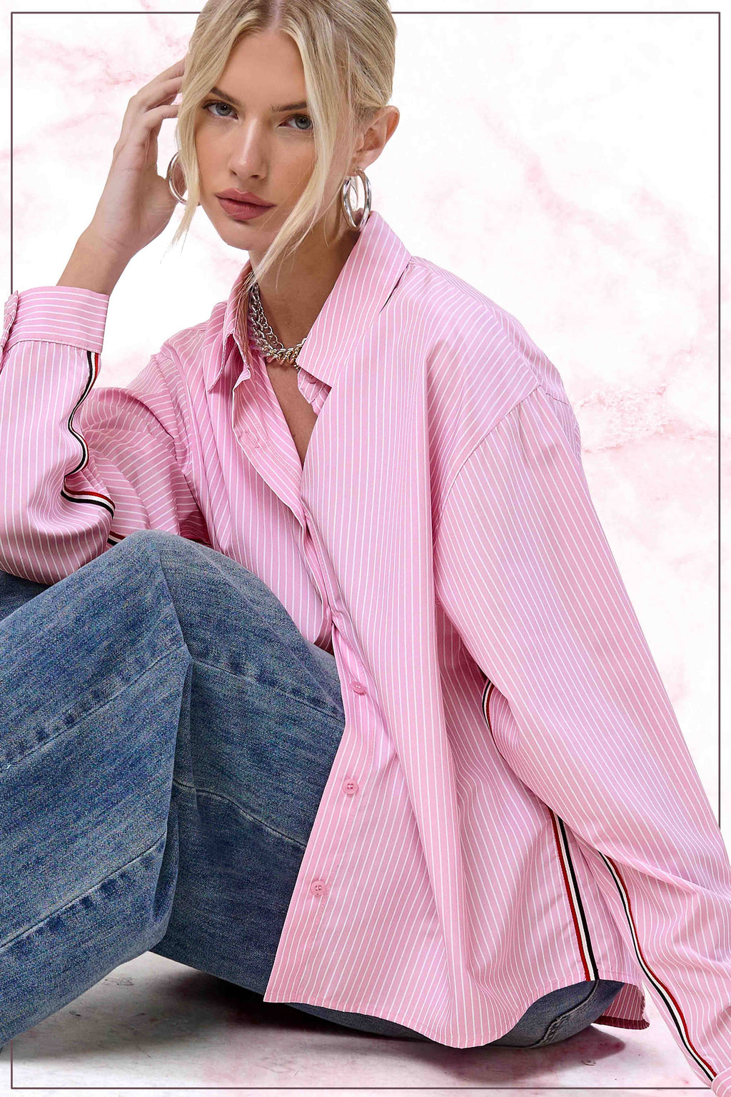 SRT7908-Stripe Button Down Shirt with Nautical Twill Tape